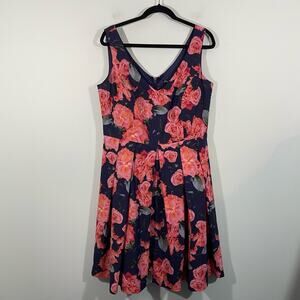 City Chic Women Red & Blue Floral Audrey Fit & Flare Sleeveless Dress Sz XS/14W